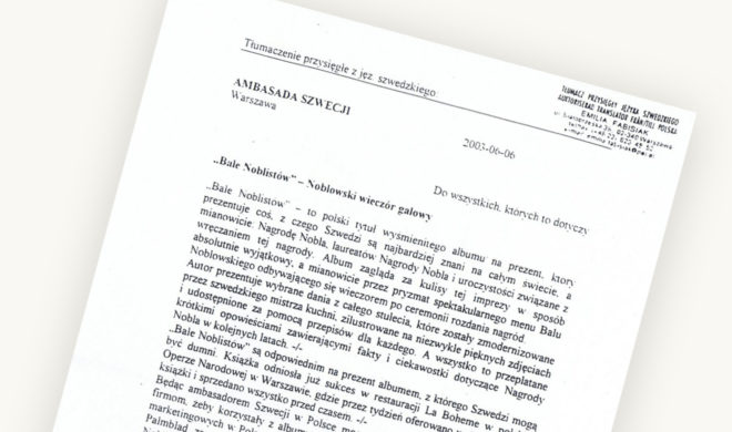 tlumaczenie 1 „Bale Noblistów” – Noblowski wieczór galowy – List ambasadora Szwecji w Warszawie (tłumaczenie polskie)