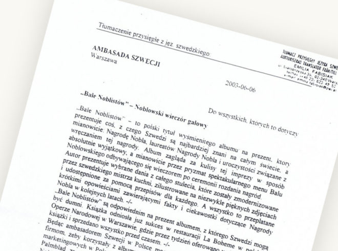 „Bale Noblistów” – Noblowski wieczór galowy – List ambasadora Szwecji w Warszawie (tłumaczenie polskie)