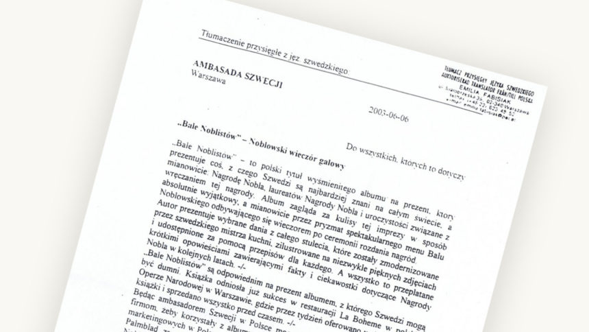 „Bale Noblistów” – Noblowski wieczór galowy – List ambasadora Szwecji w Warszawie (tłumaczenie polskie)
